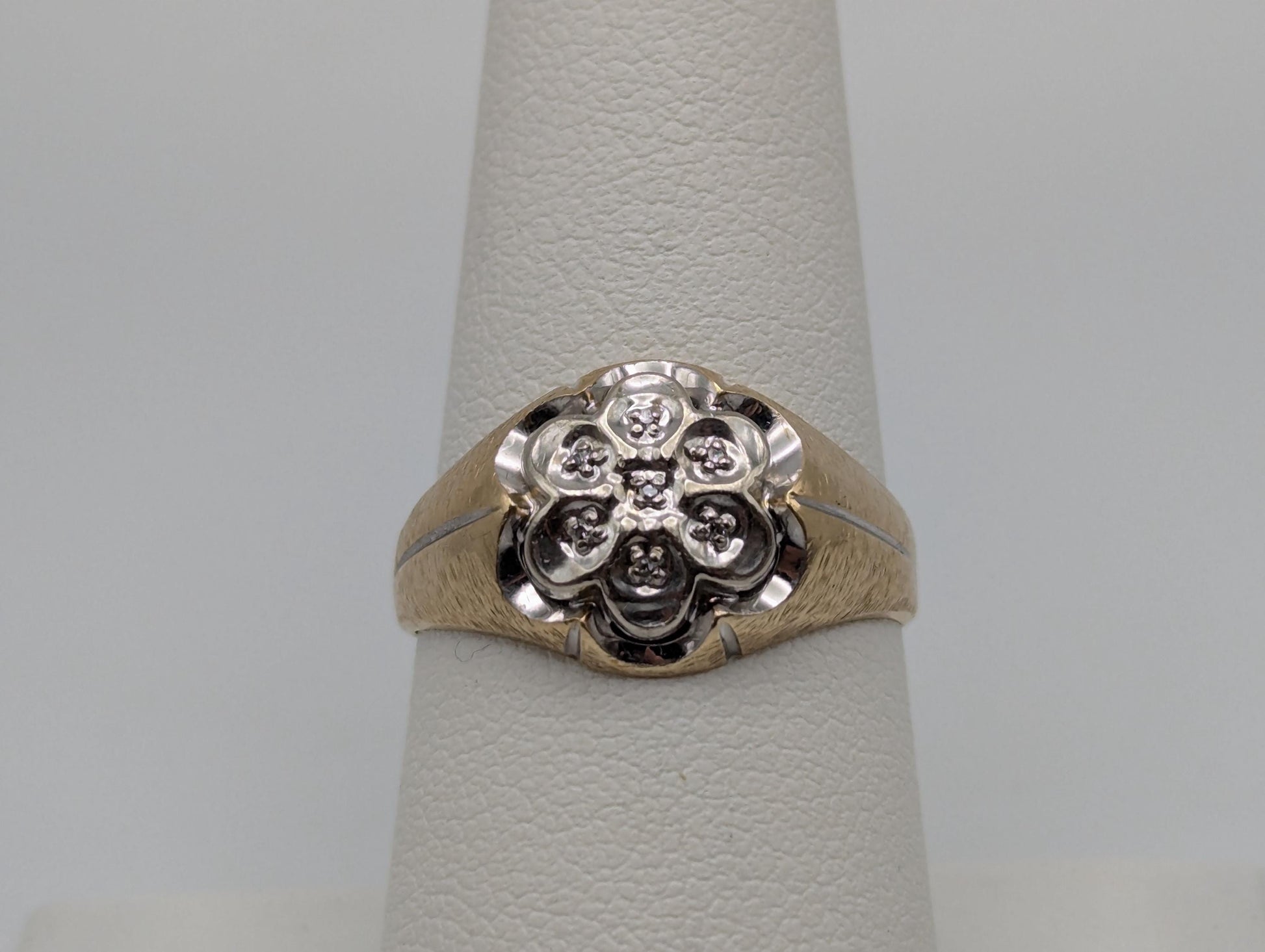 10k Yellow White Gold Diamond Flower Mens Statement Ring Flower Signet Ring.