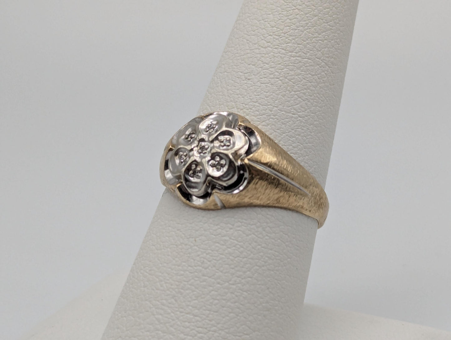 10k Yellow White Gold Diamond Flower Mens Statement Ring Flower Signet Ring.