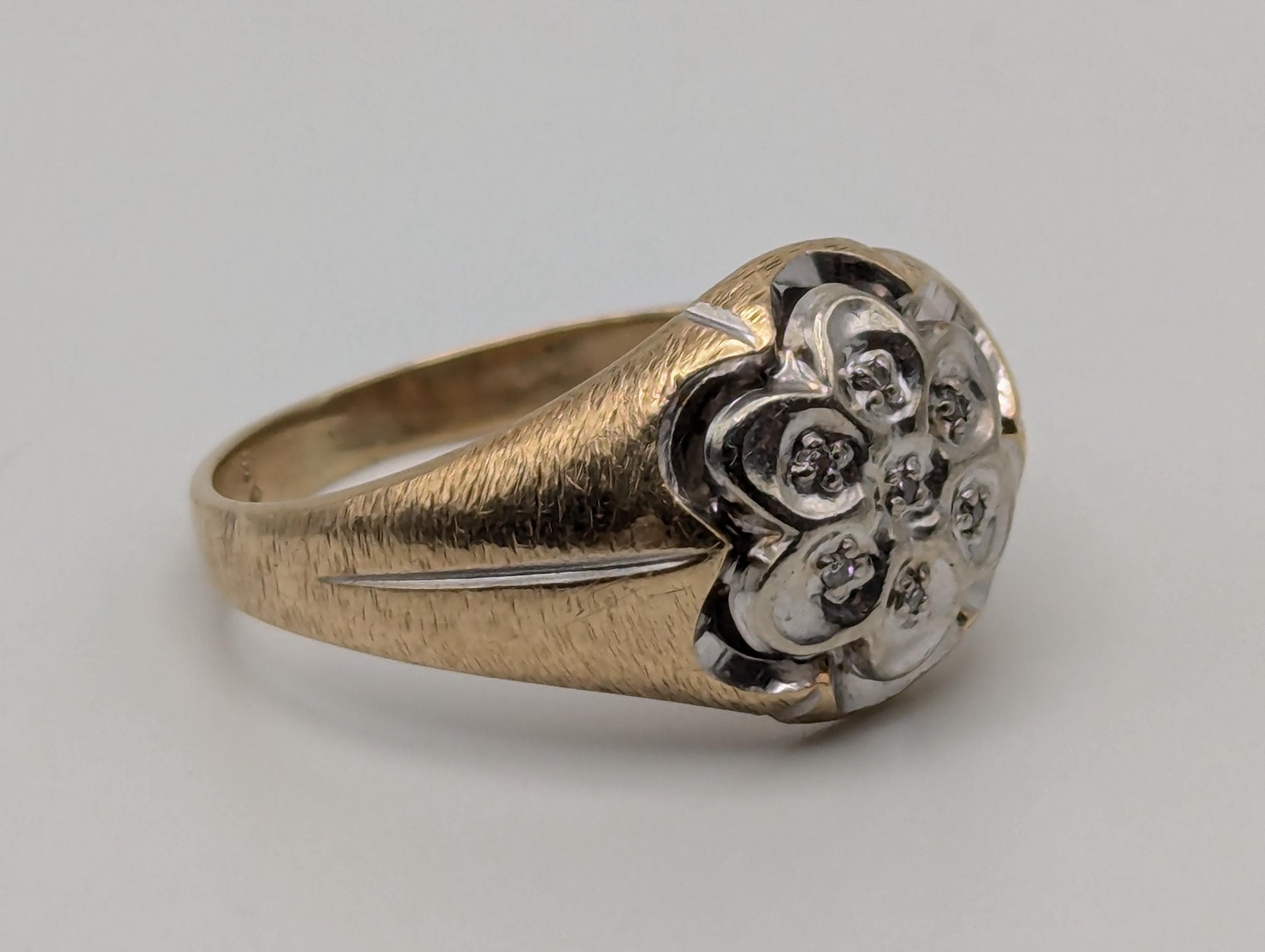 10k Yellow White Gold Diamond Flower Mens Statement Ring Flower Signet Ring.