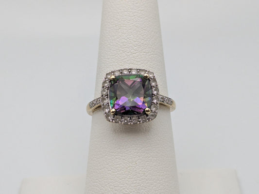10k Yellow Gold Mystic Topaz w Diamonds and Topaz Ring. Cocktail Ring. Statement Ring.