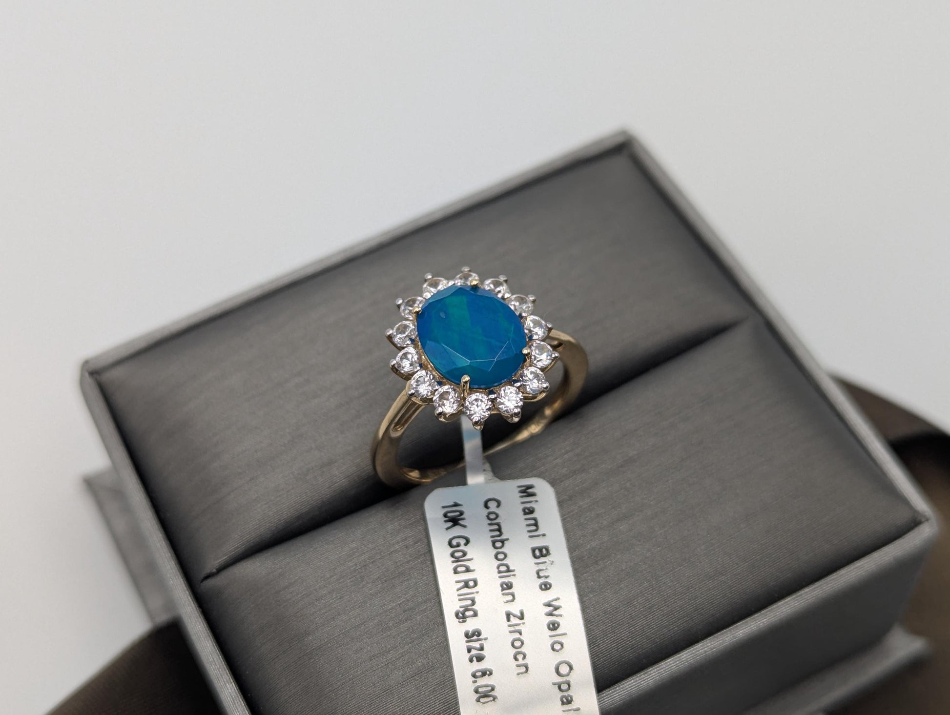 10k Gold Miami Blue Natural Opal, Combodian Zircon Wedding Cocktail Ring.