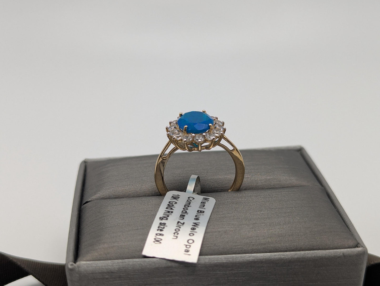 10k Gold Miami Blue Natural Opal, Combodian Zircon Wedding Cocktail Ring.