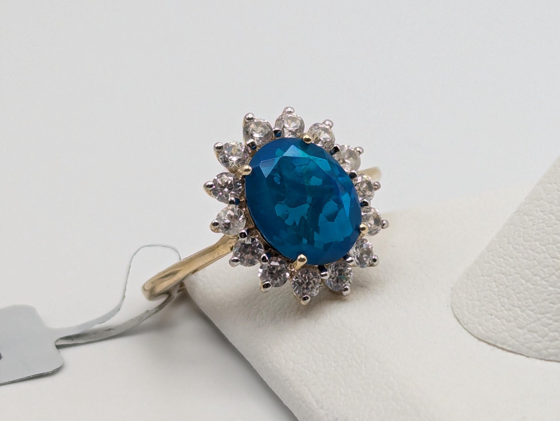 10k Gold Miami Blue Natural Opal, Combodian Zircon Wedding Cocktail Ring.