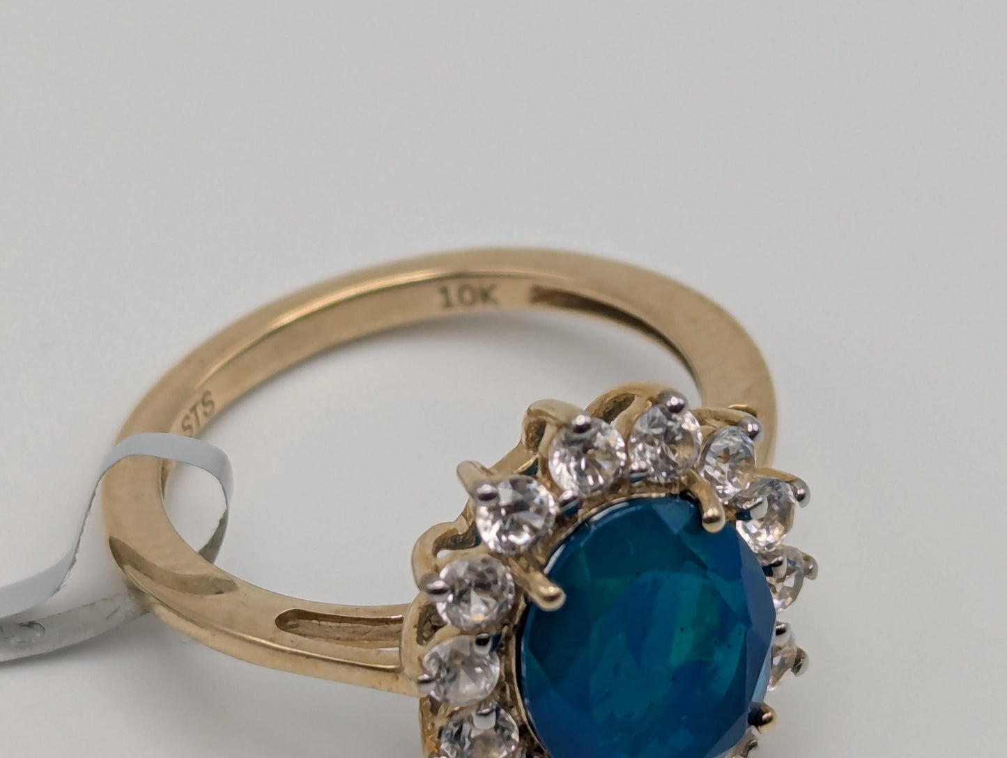 10k Gold Miami Blue Natural Opal, Combodian Zircon Wedding Cocktail Ring.