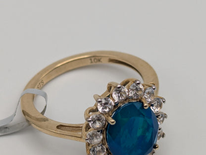 10k Gold Miami Blue Natural Opal, Combodian Zircon Wedding Cocktail Ring.