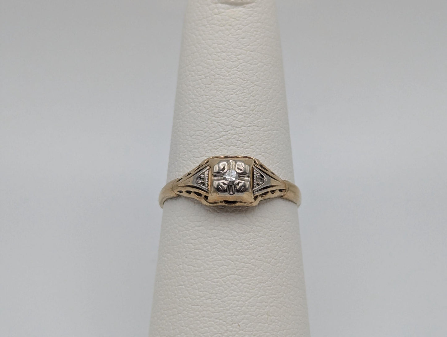 Antique Art Deco 10k Two-Tone Gold Cathedral Diamond Engagement Wedding Ring