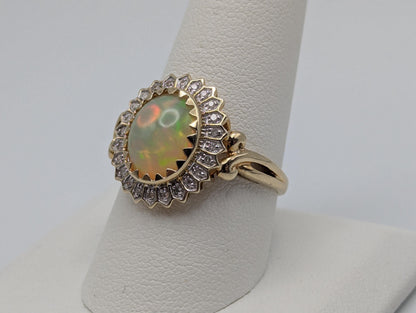 10k Yellow Gold Oval Large Flower Opal Diamond Cocktail Ring Statement Wedding band