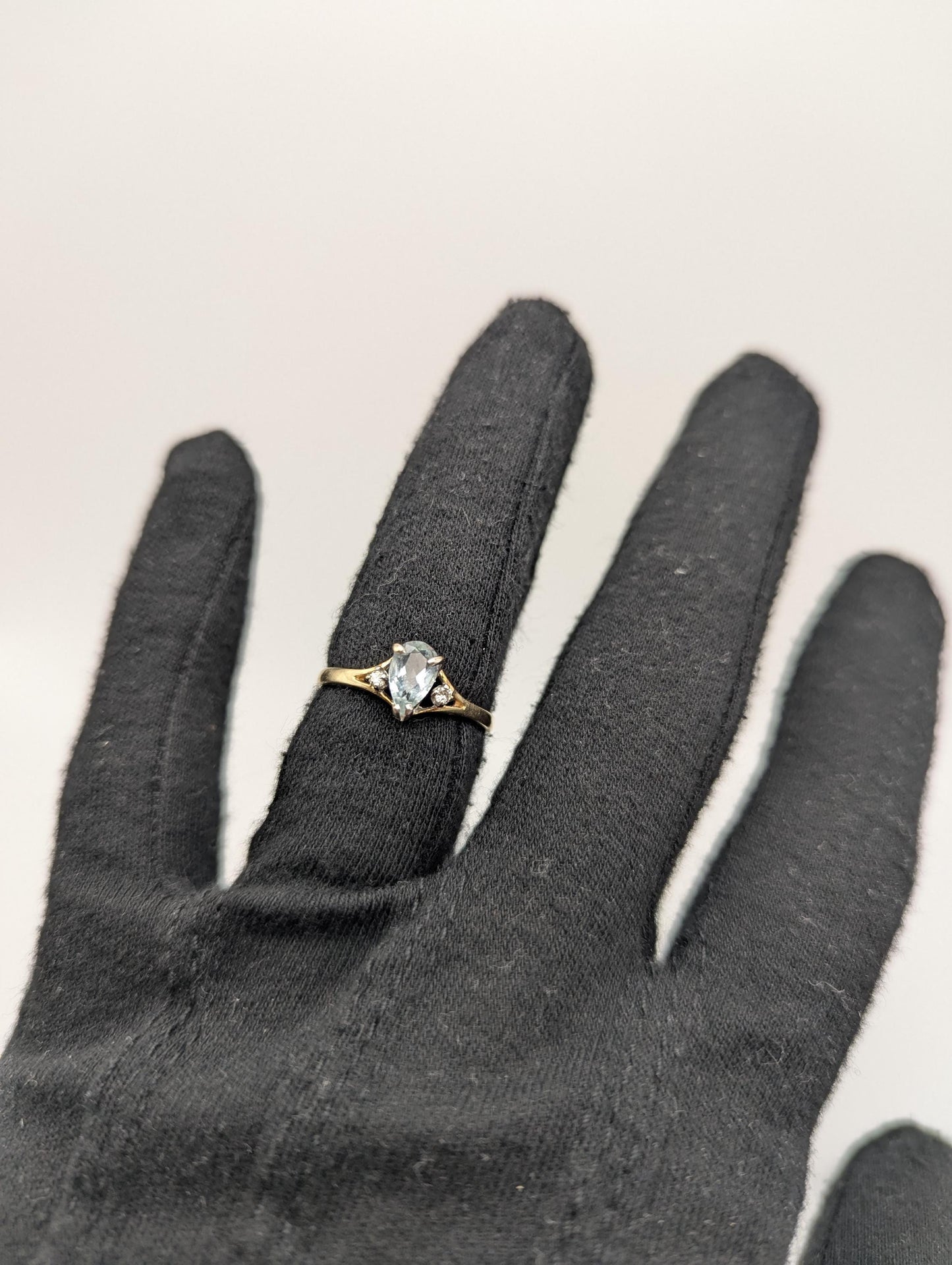 10k Yellow Gold Aquamarine Diamond Ring. Promise Band. Cocktail Ring. Tear-Shaped Ring.