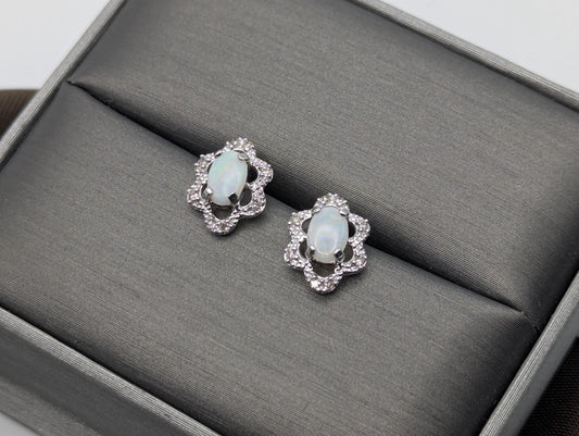 14k White Gold Diamond Opal Filigree Earrings. 14k Opal Womens Stud Earrings.