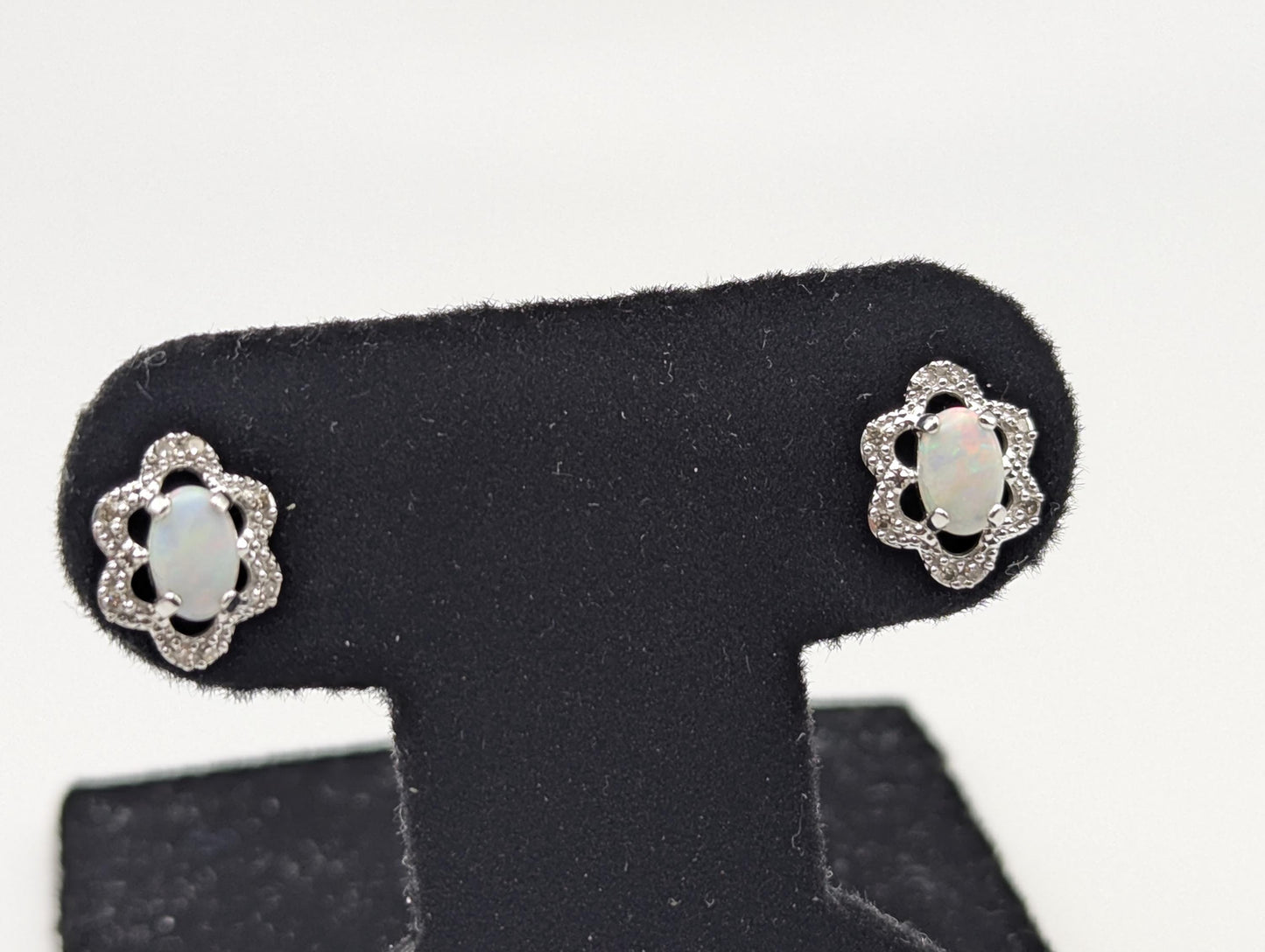 14k White Gold Diamond Opal Filigree Earrings. 14k Opal Womens Stud Earrings.