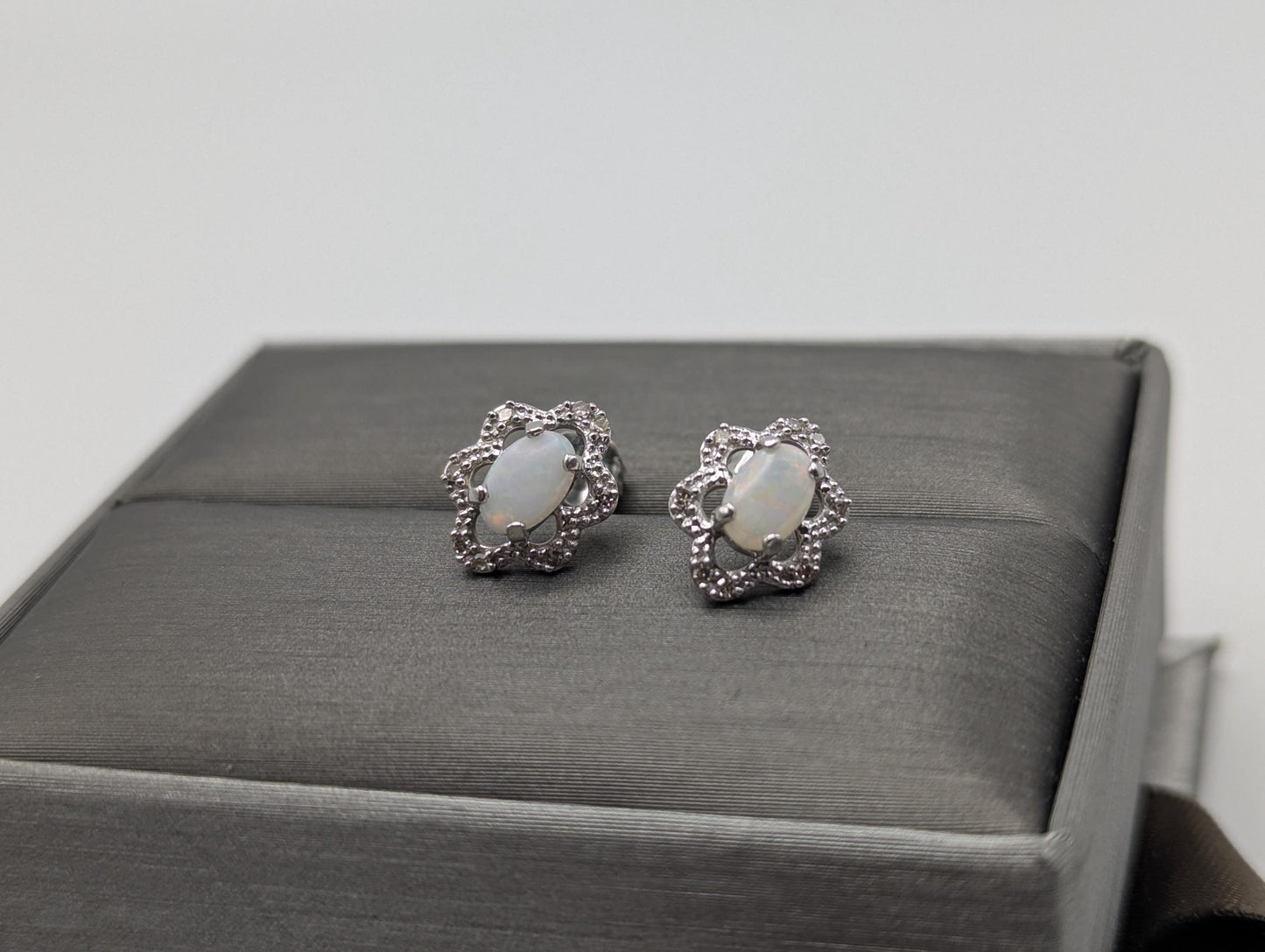 14k White Gold Diamond Opal Filigree Earrings. 14k Opal Womens Stud Earrings.