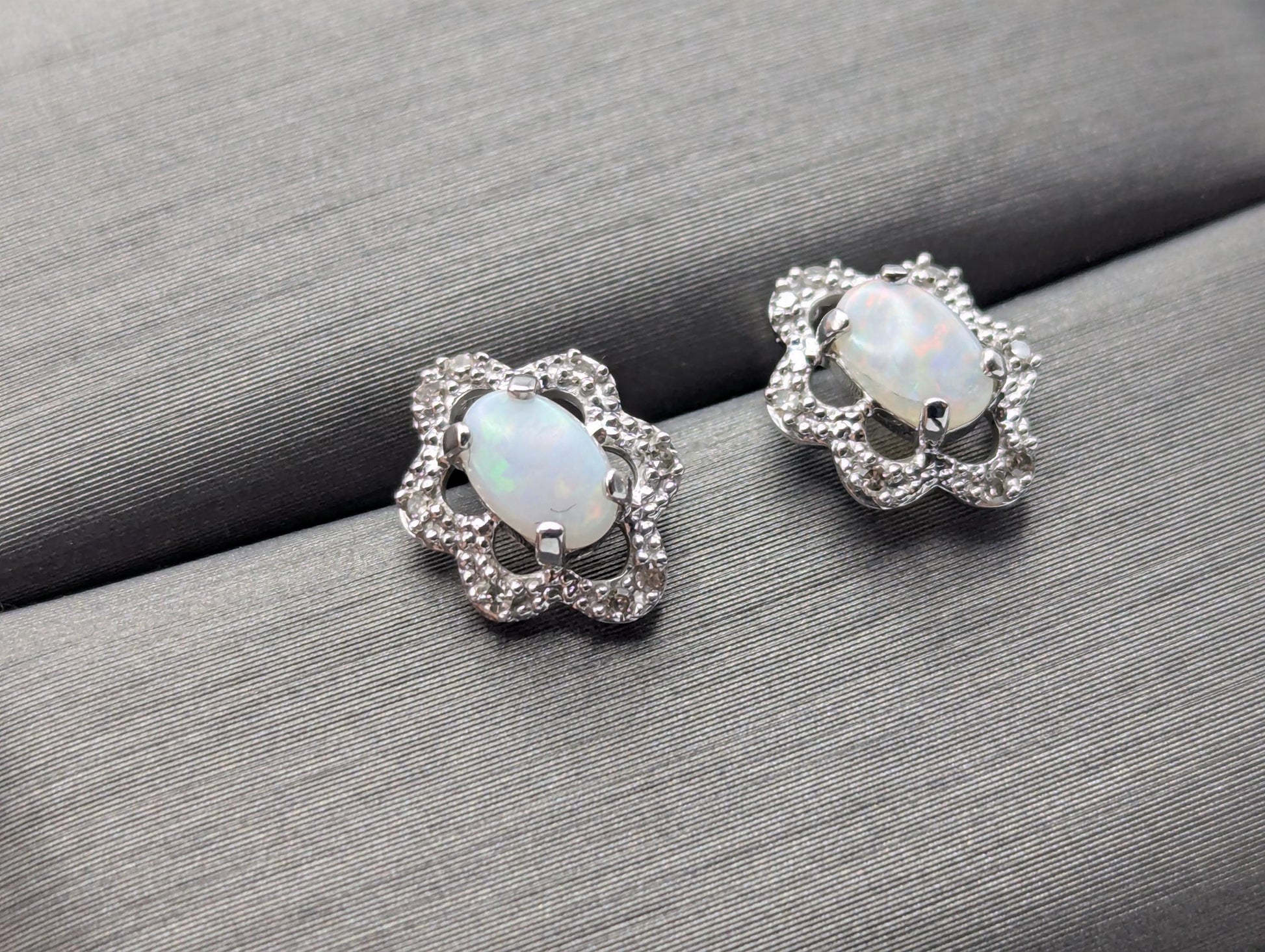 14k White Gold Diamond Opal Filigree Earrings. 14k Opal Womens Stud Earrings.