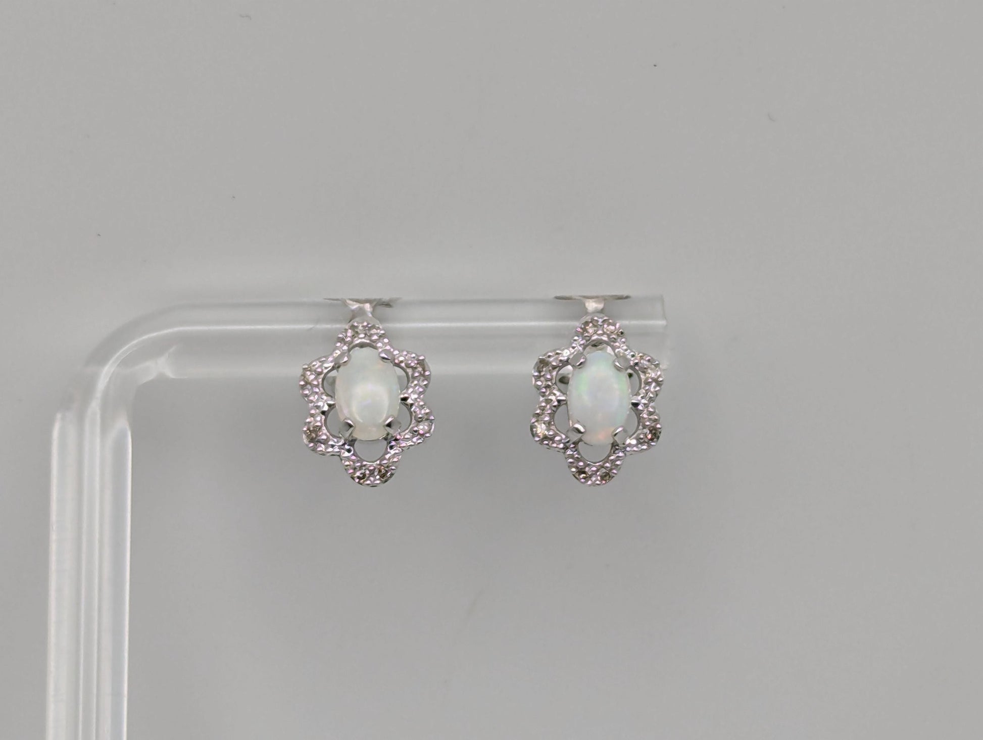 14k White Gold Diamond Opal Filigree Earrings. 14k Opal Womens Stud Earrings.