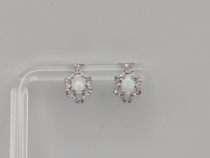 14k White Gold Diamond Opal Filigree Earrings. 14k Opal Womens Stud Earrings.