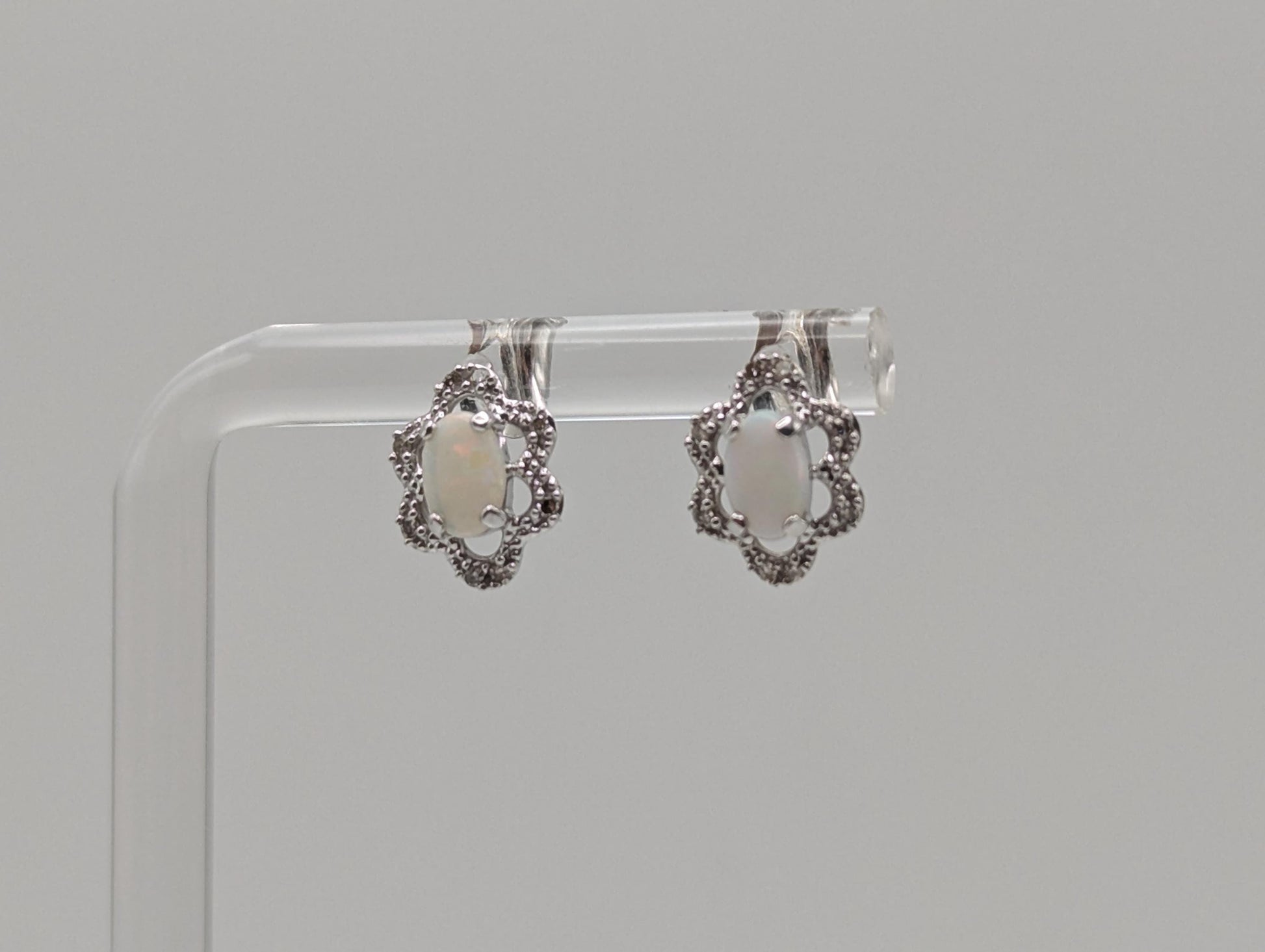 14k White Gold Diamond Opal Filigree Earrings. 14k Opal Womens Stud Earrings.