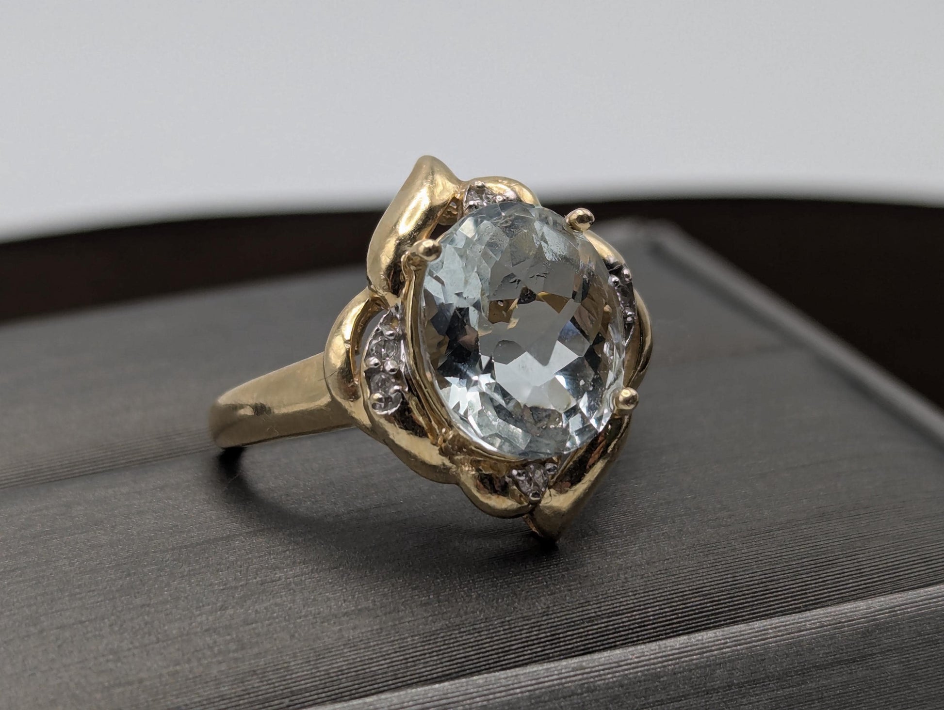 14k Solid Gold Aquamarine Diamond Cocktail Statement Ring Wedding Oval Ring.