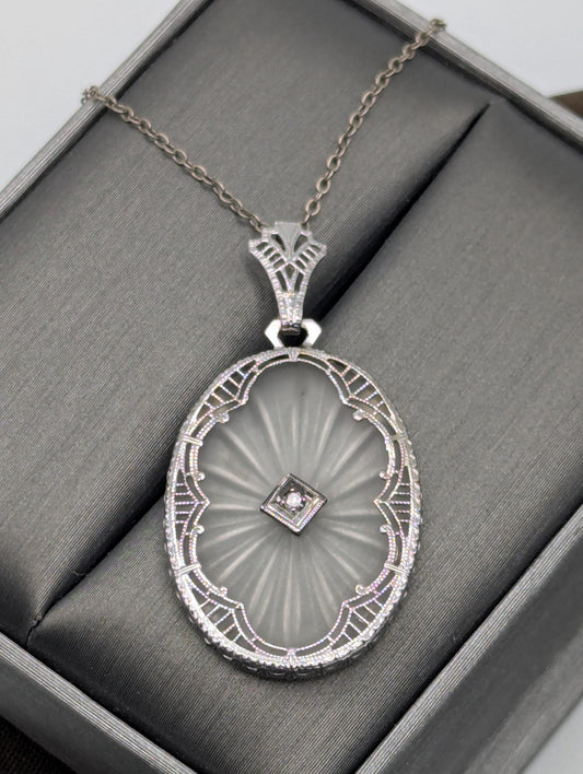 14k Gold Filigree Oval Camphor Crystal Quartz Pendant Diamond Pendant Necklace