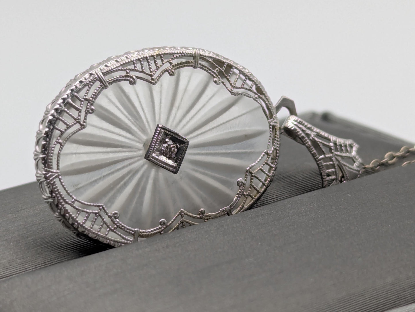 14k Gold Filigree Oval Camphor Crystal Quartz Pendant Diamond Pendant Necklace