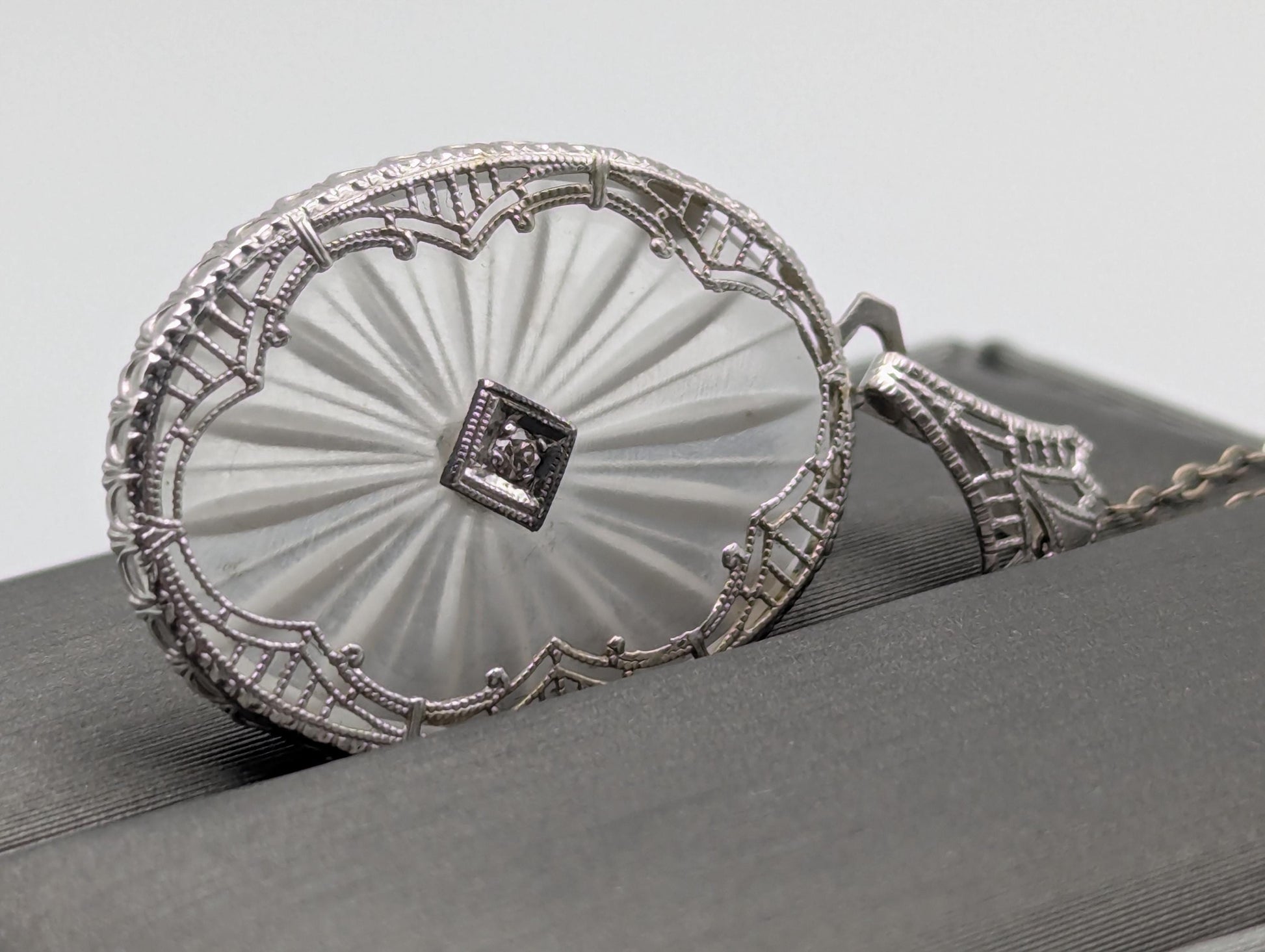 14k Gold Filigree Oval Camphor Crystal Quartz Pendant Diamond Pendant Necklace