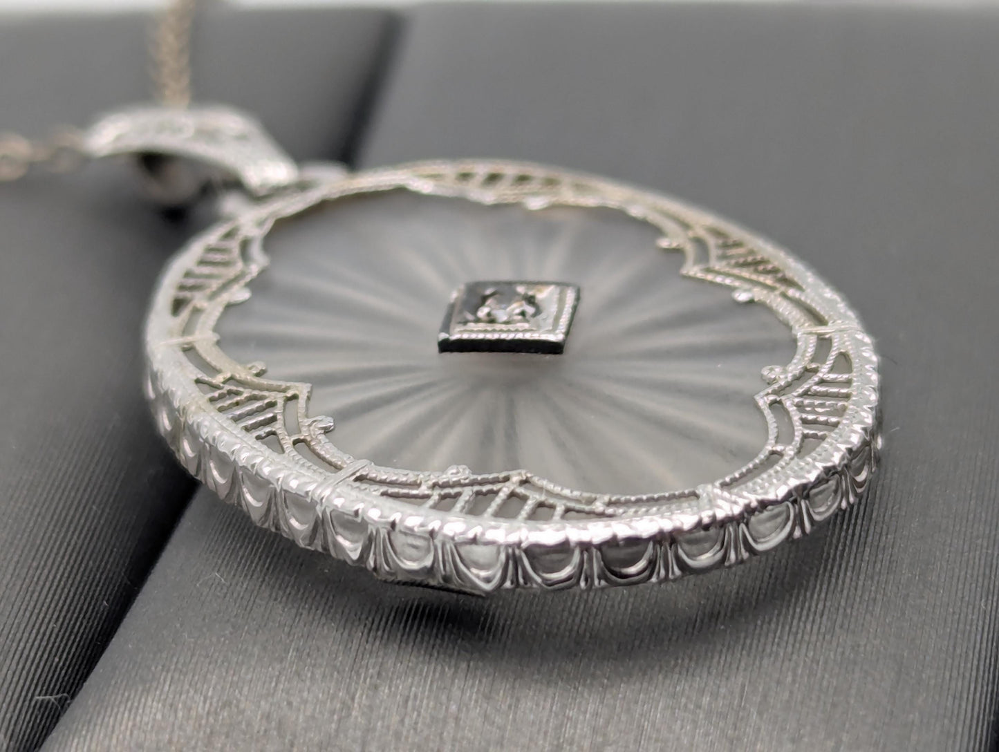 14k Gold Filigree Oval Camphor Crystal Quartz Pendant Diamond Pendant Necklace