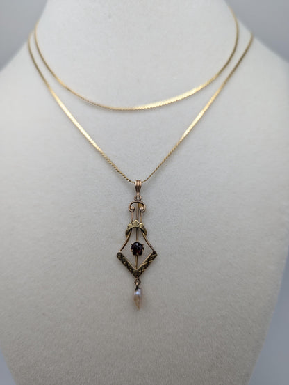 14K Yellow Gold Vintage Lavalier Pendant with Garnet and Seed Pearl Necklace Chain 30"