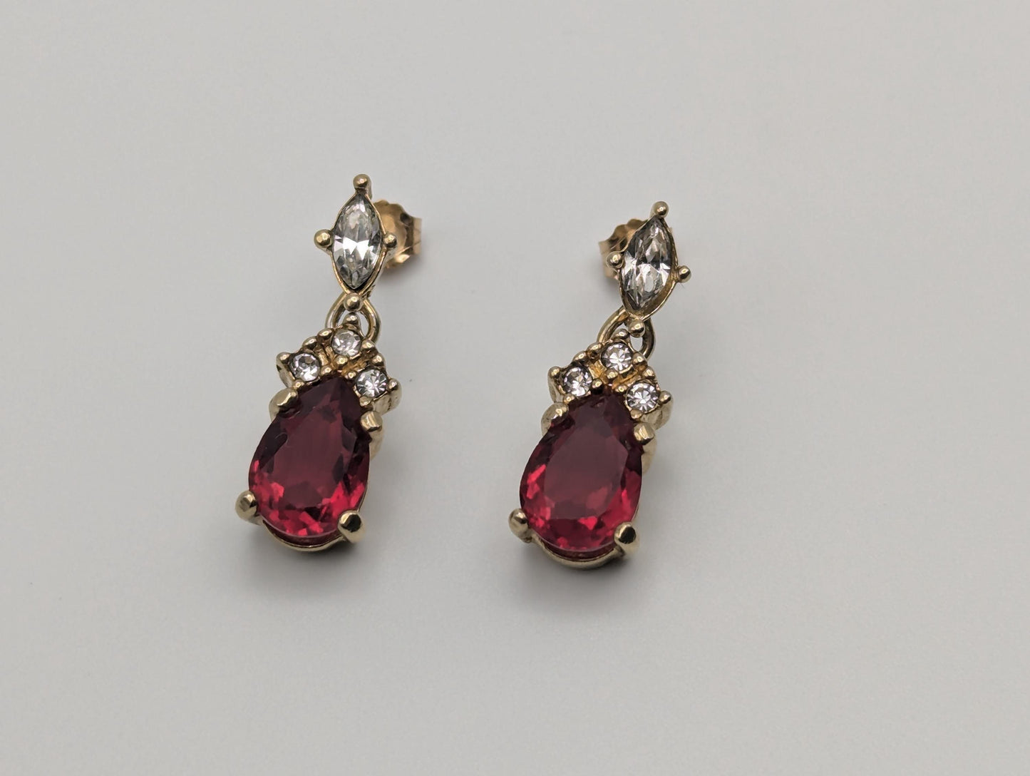 Vintage Christian Dior Gold Plated Clear and Ruby Red Crystal Dangle Earrings