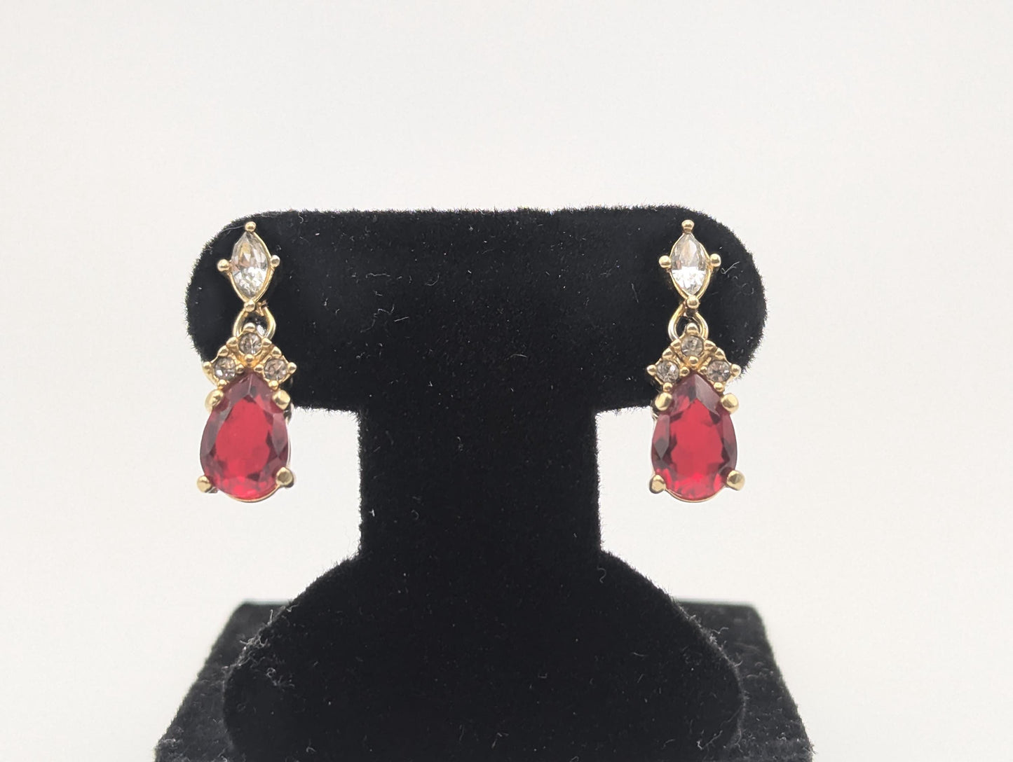 Vintage Christian Dior Gold Plated Clear and Ruby Red Crystal Dangle Earrings