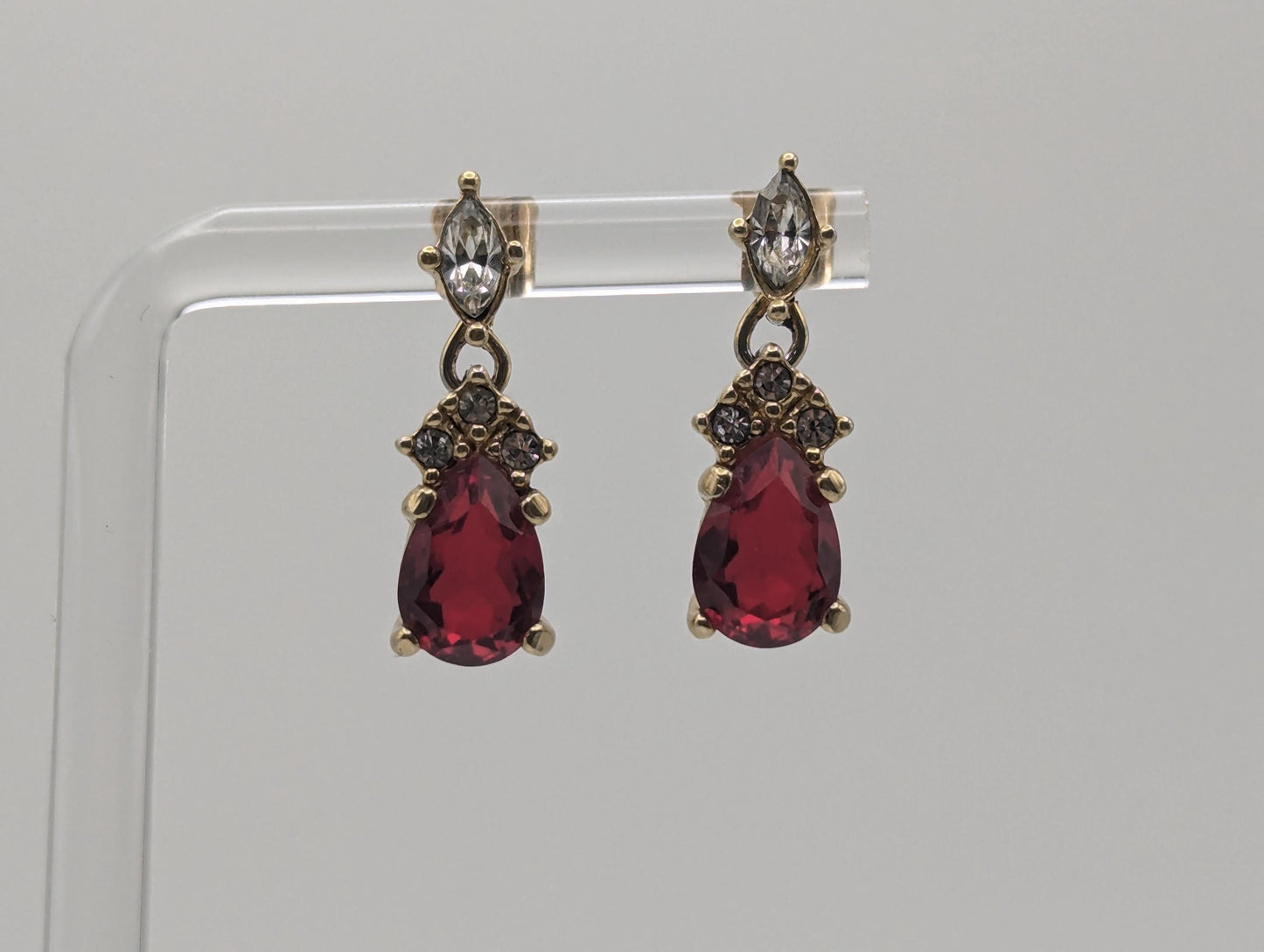 Vintage Christian Dior Gold Plated Clear and Ruby Red Crystal Dangle Earrings