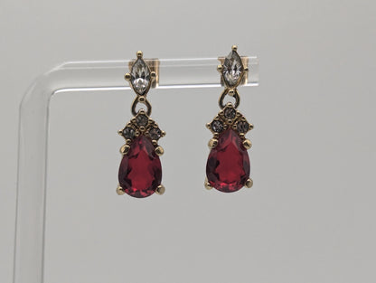 Vintage Christian Dior Gold Plated Clear and Ruby Red Crystal Dangle Earrings
