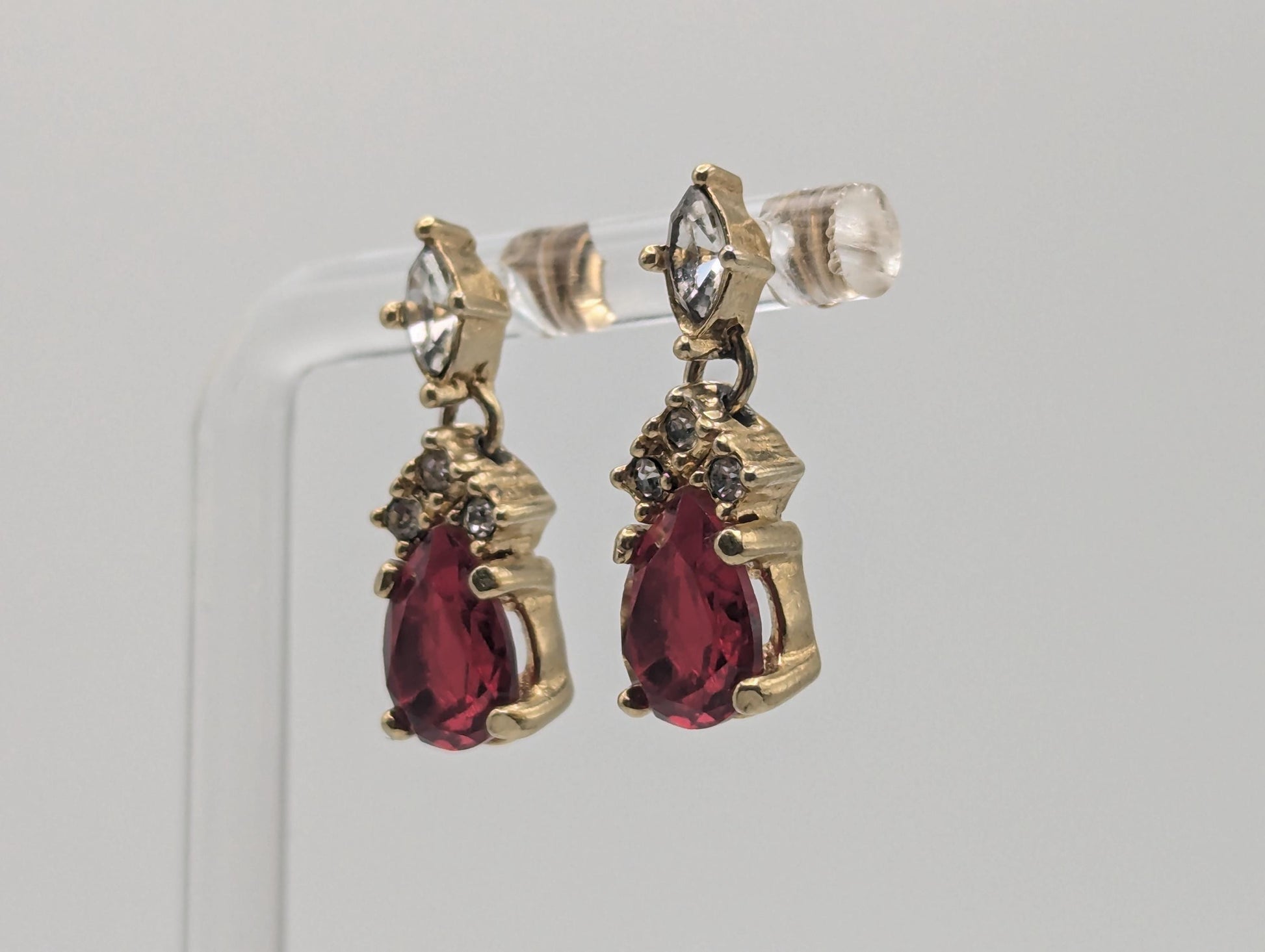 Vintage Christian Dior Gold Plated Clear and Ruby Red Crystal Dangle Earrings