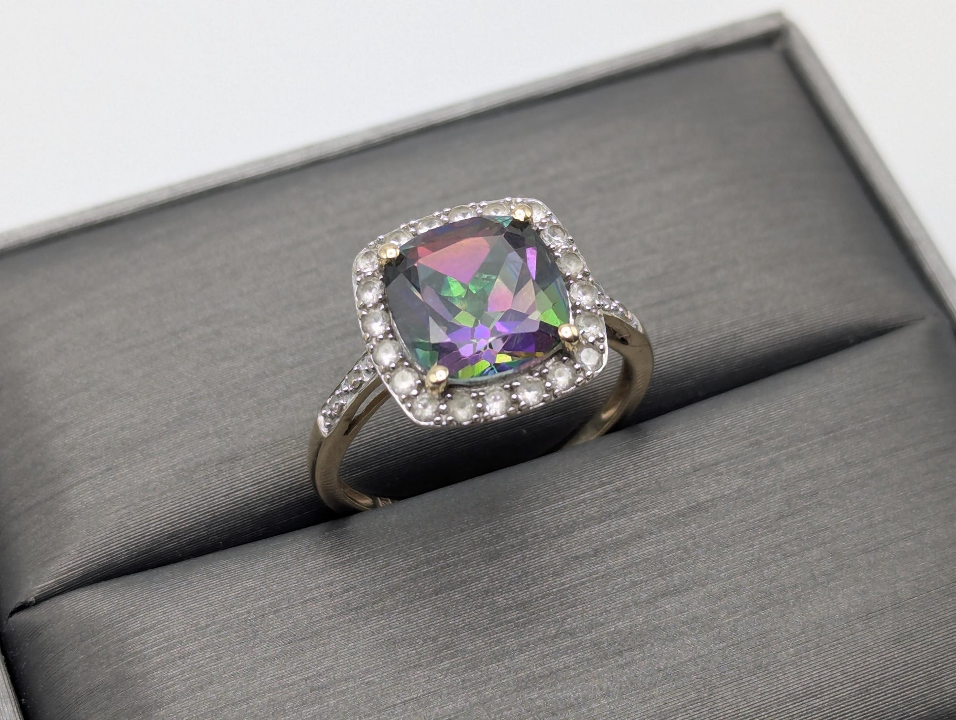 10k Yellow Gold Mystic Topaz w Diamonds and Topaz Ring. Cocktail Ring. Statement Ring.