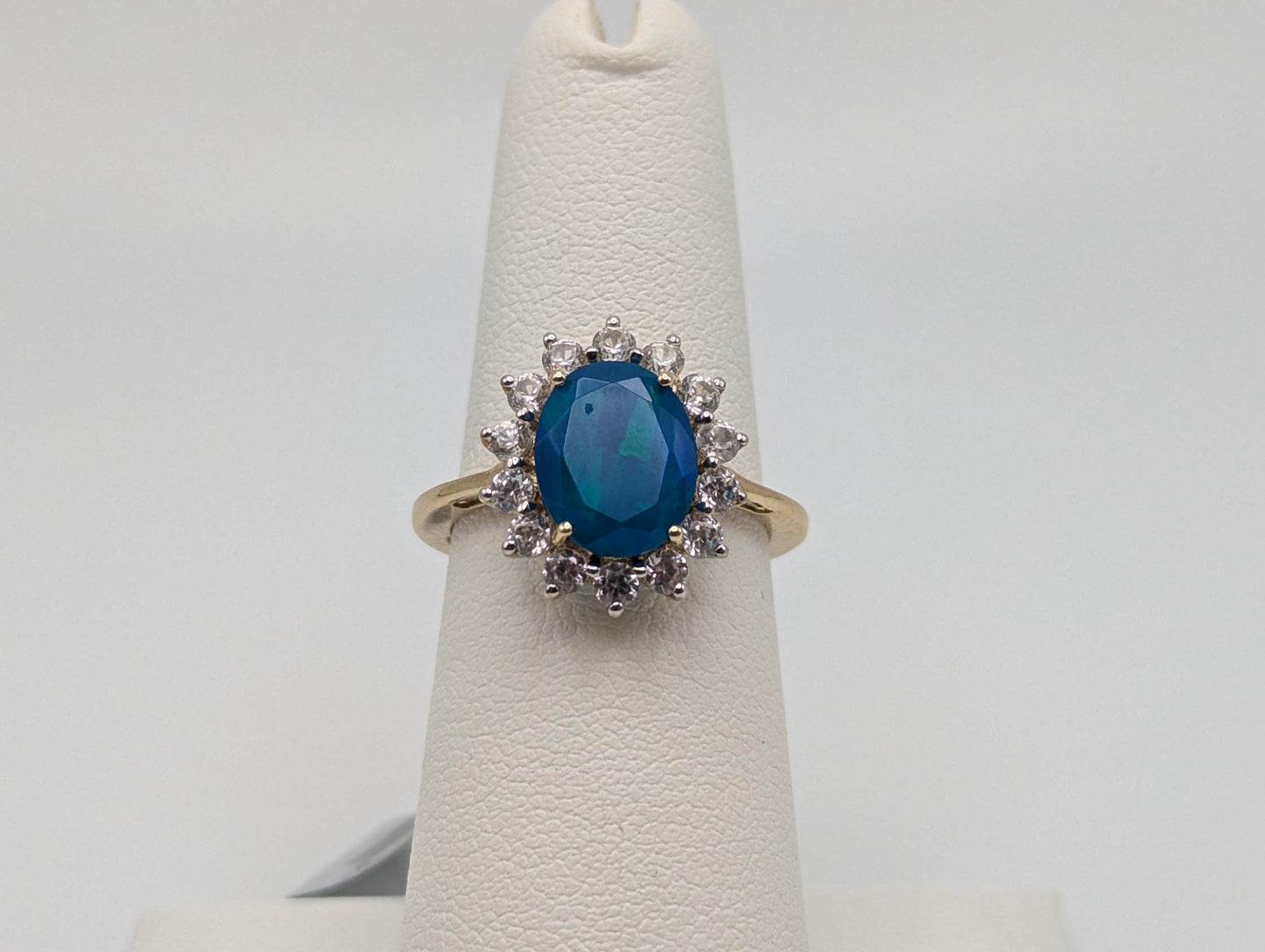 10k Gold Miami Blue Natural Opal, Combodian Zircon Wedding Cocktail Ring.