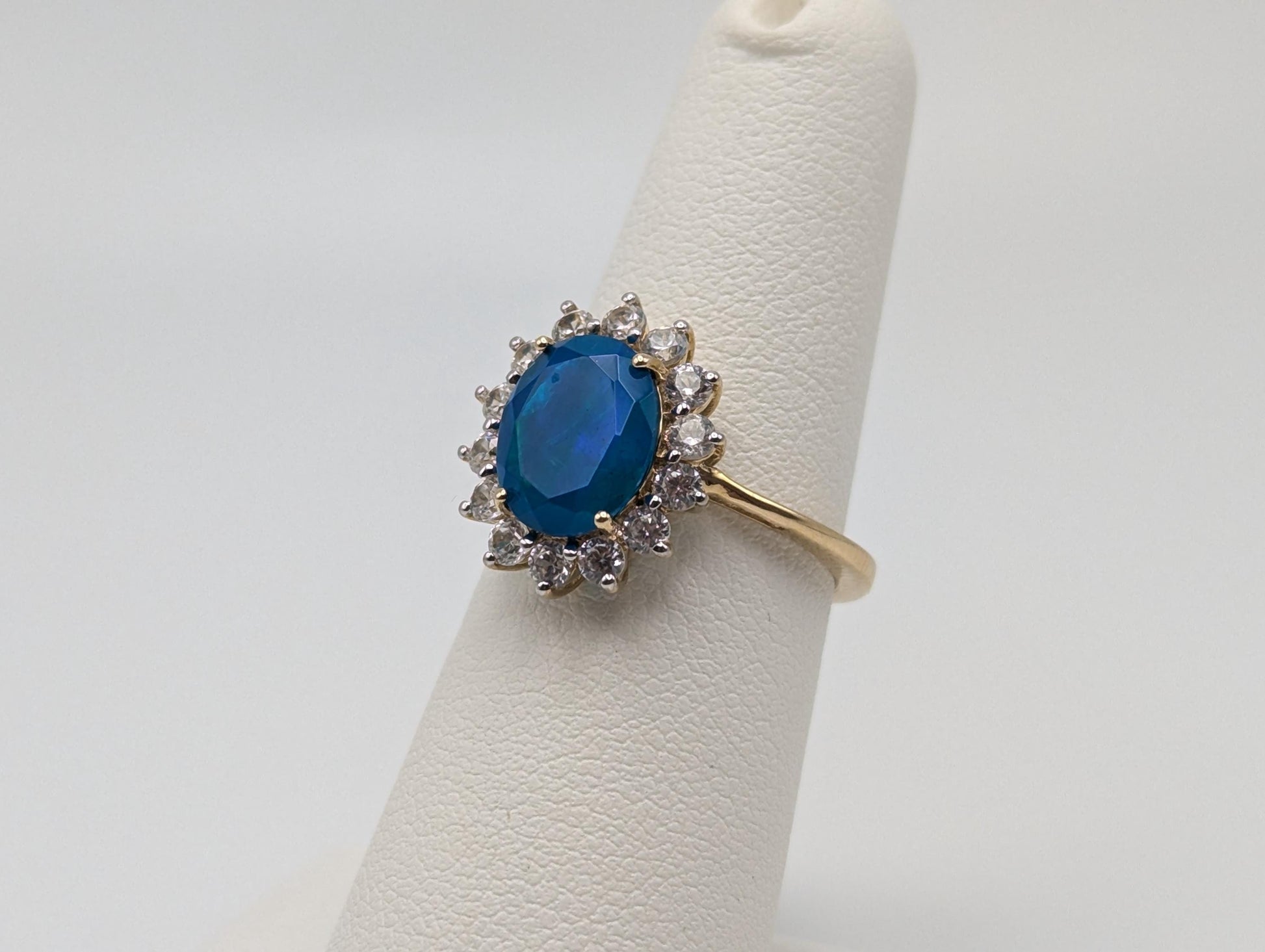 10k Gold Miami Blue Natural Opal, Combodian Zircon Wedding Cocktail Ring.