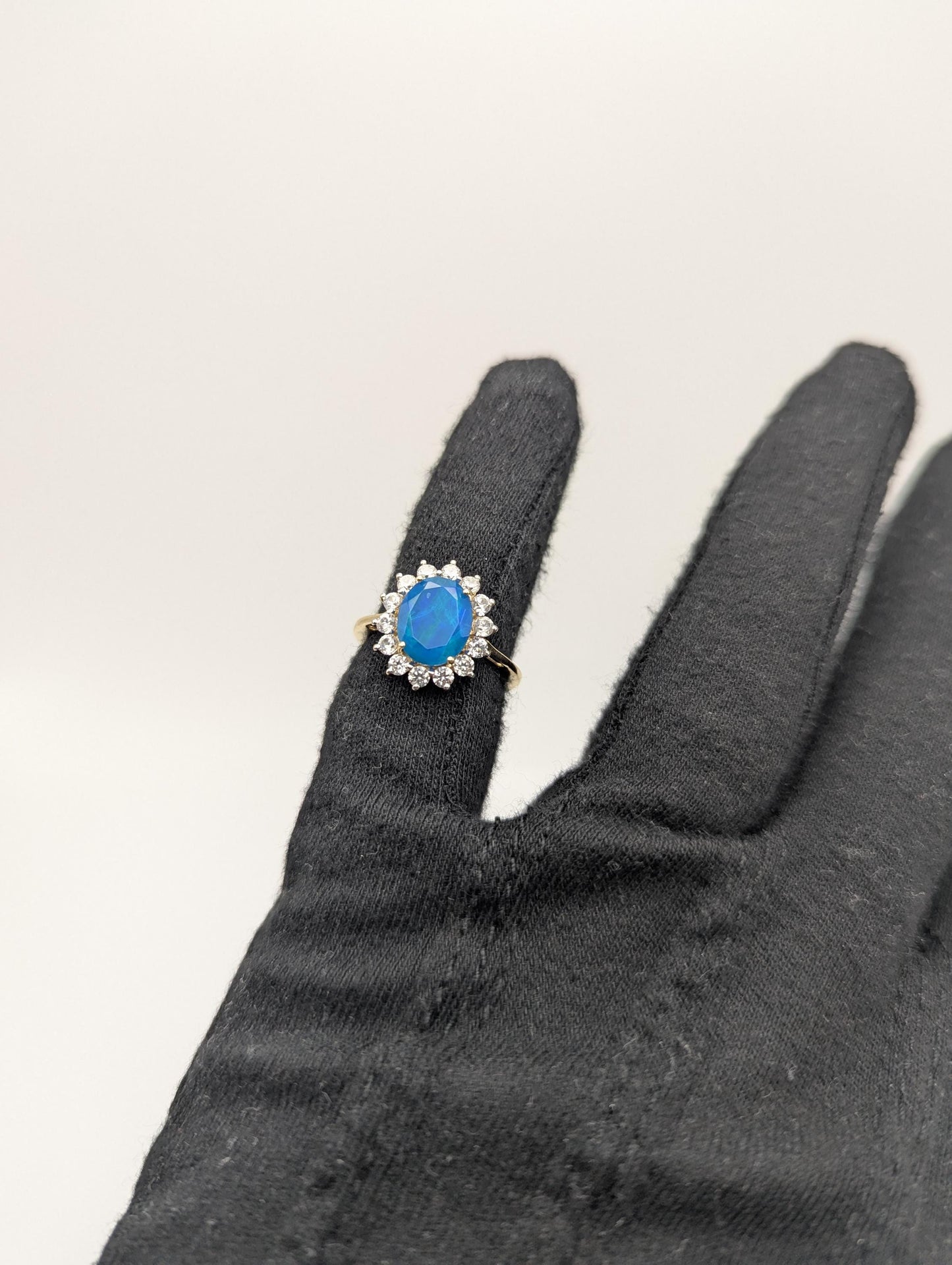 10k Gold Miami Blue Natural Opal, Combodian Zircon Wedding Cocktail Ring.