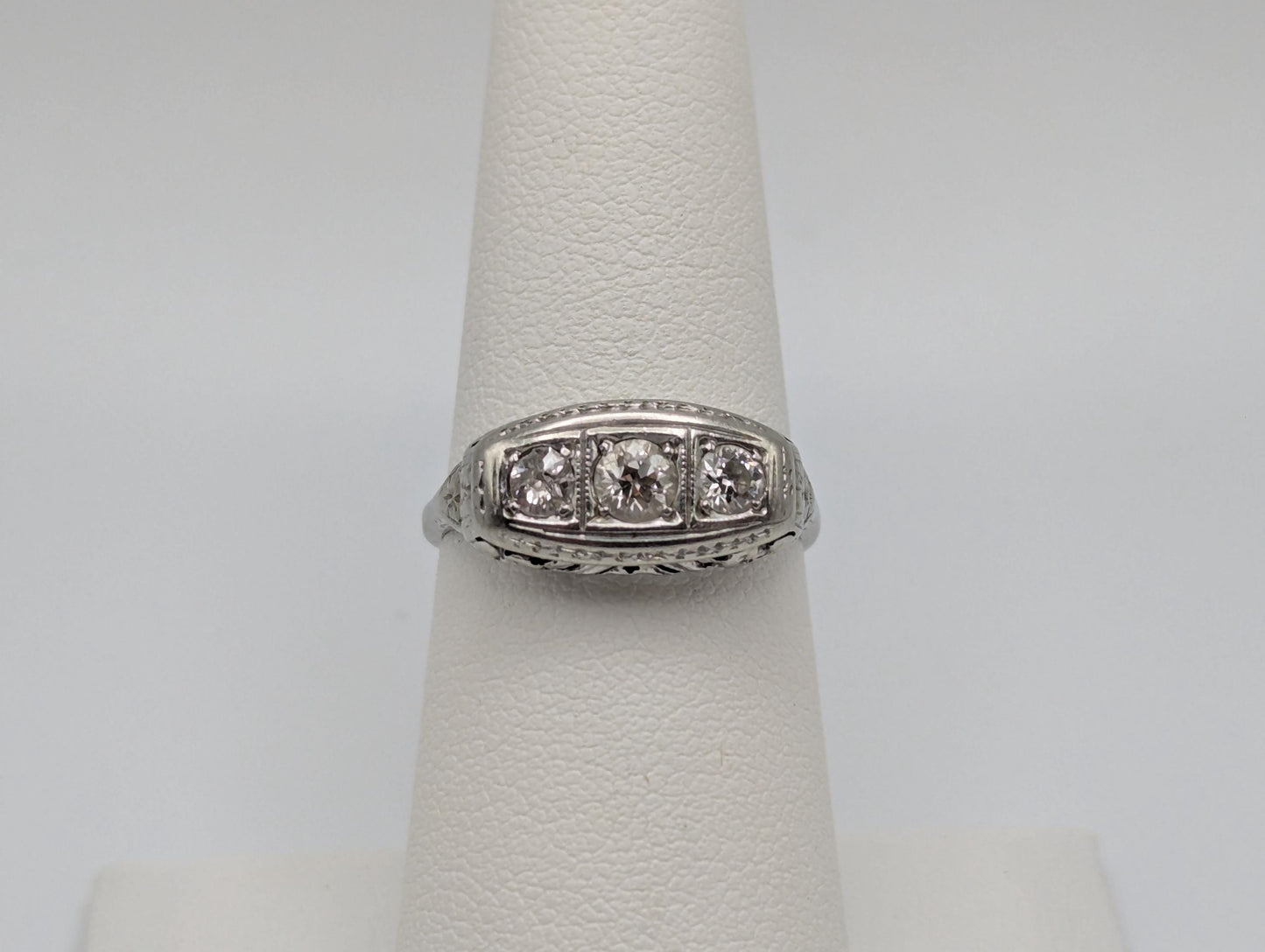 Vintage Art Deco 18K White Gold Triple Stone Filigree .59 ctw Diamond Ring Engagement Ring