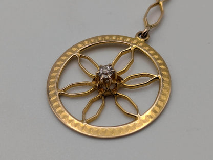 14k Yellow Gold Diamond Flower Dangle Pendant Necklace + Compliment 18k GF 18" Chain