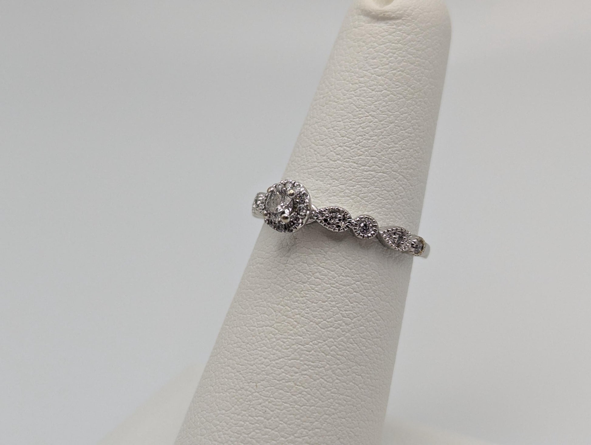 10k White Gold Diamond Halo Dainty Ring Wavy Design Engagement Band