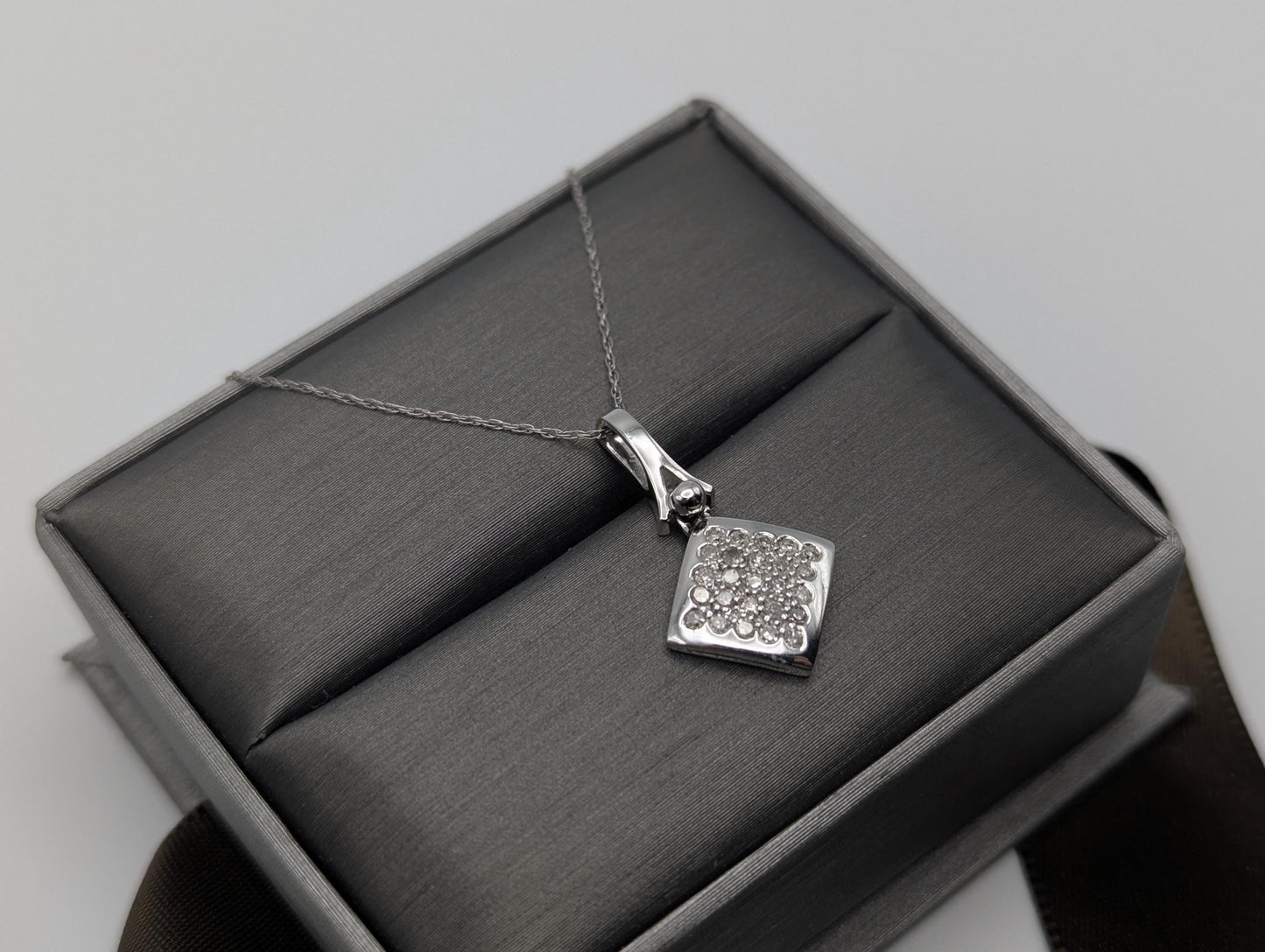 14k White Gold .25ctw Diamond Pendant Necklace. Square Pendant Diamond Chain 18"