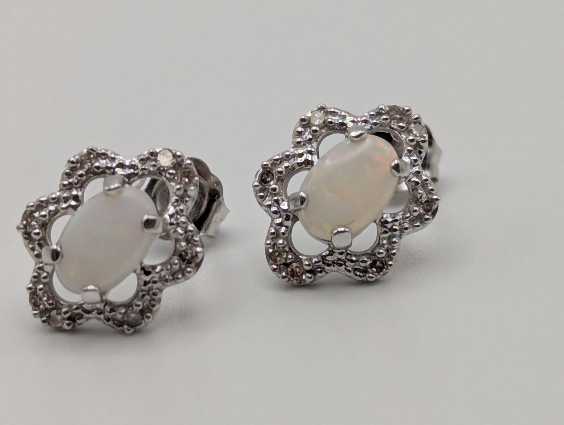 14k White Gold Diamond Opal Filigree Earrings. 14k Opal Womens Stud Earrings.