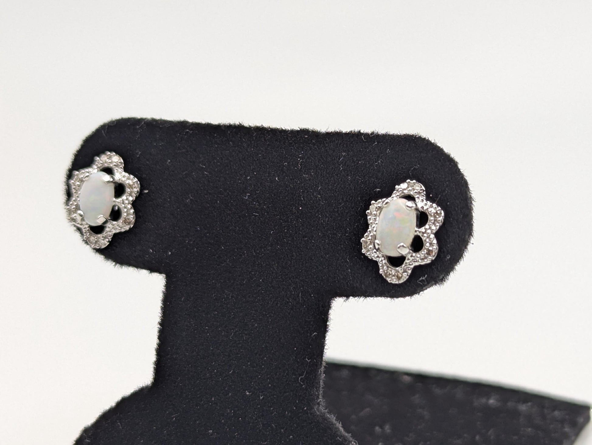 14k White Gold Diamond Opal Filigree Earrings. 14k Opal Womens Stud Earrings.