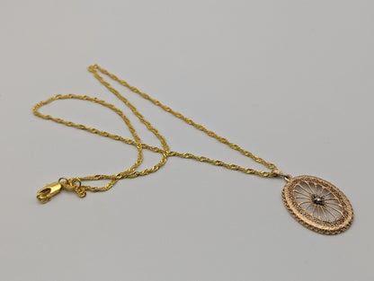 14k Filigree Oval Diamond Pendant Necklace Medallion + Compliment GF 18k Chain 18”