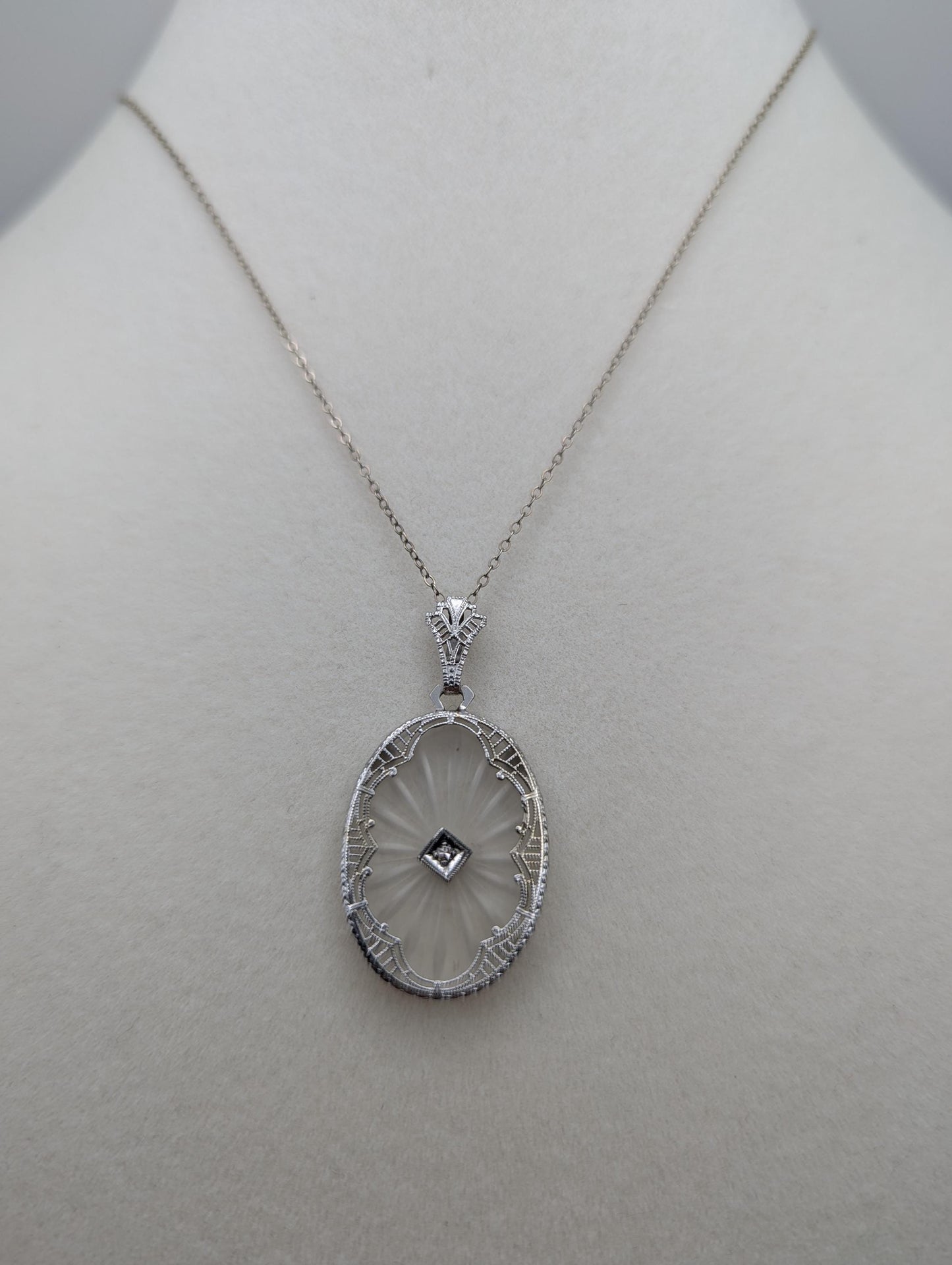 14k Gold Filigree Oval Camphor Crystal Quartz Pendant Diamond Pendant Necklace