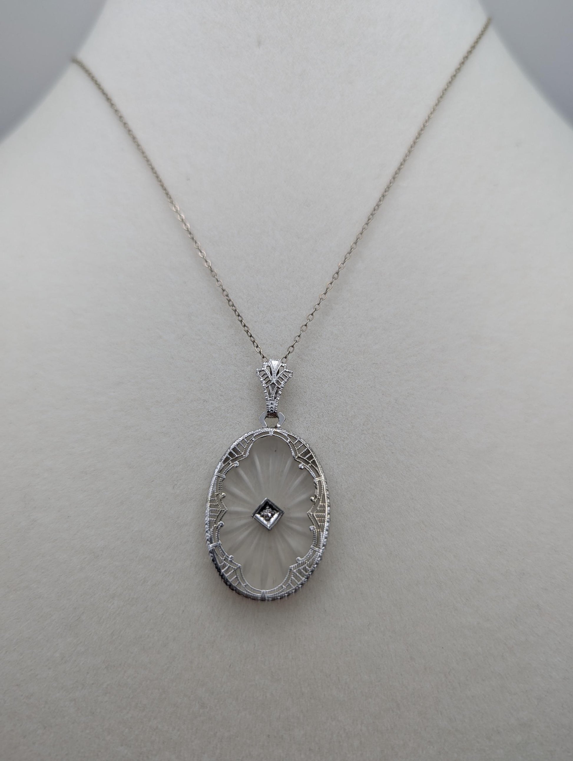 14k Gold Filigree Oval Camphor Crystal Quartz Pendant Diamond Pendant Necklace