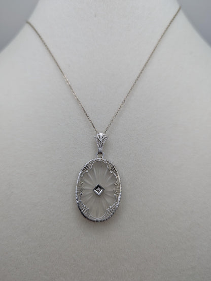 14k Gold Filigree Oval Camphor Crystal Quartz Pendant Diamond Pendant Necklace