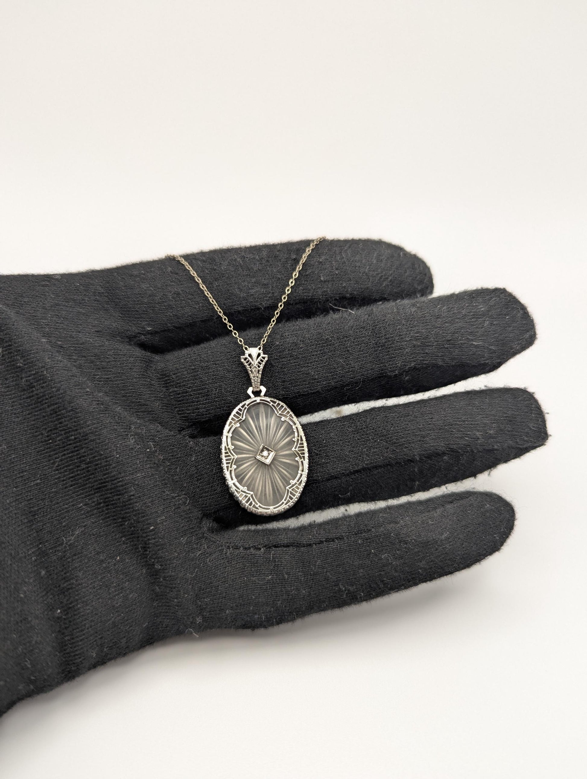 14k Gold Filigree Oval Camphor Crystal Quartz Pendant Diamond Pendant Necklace