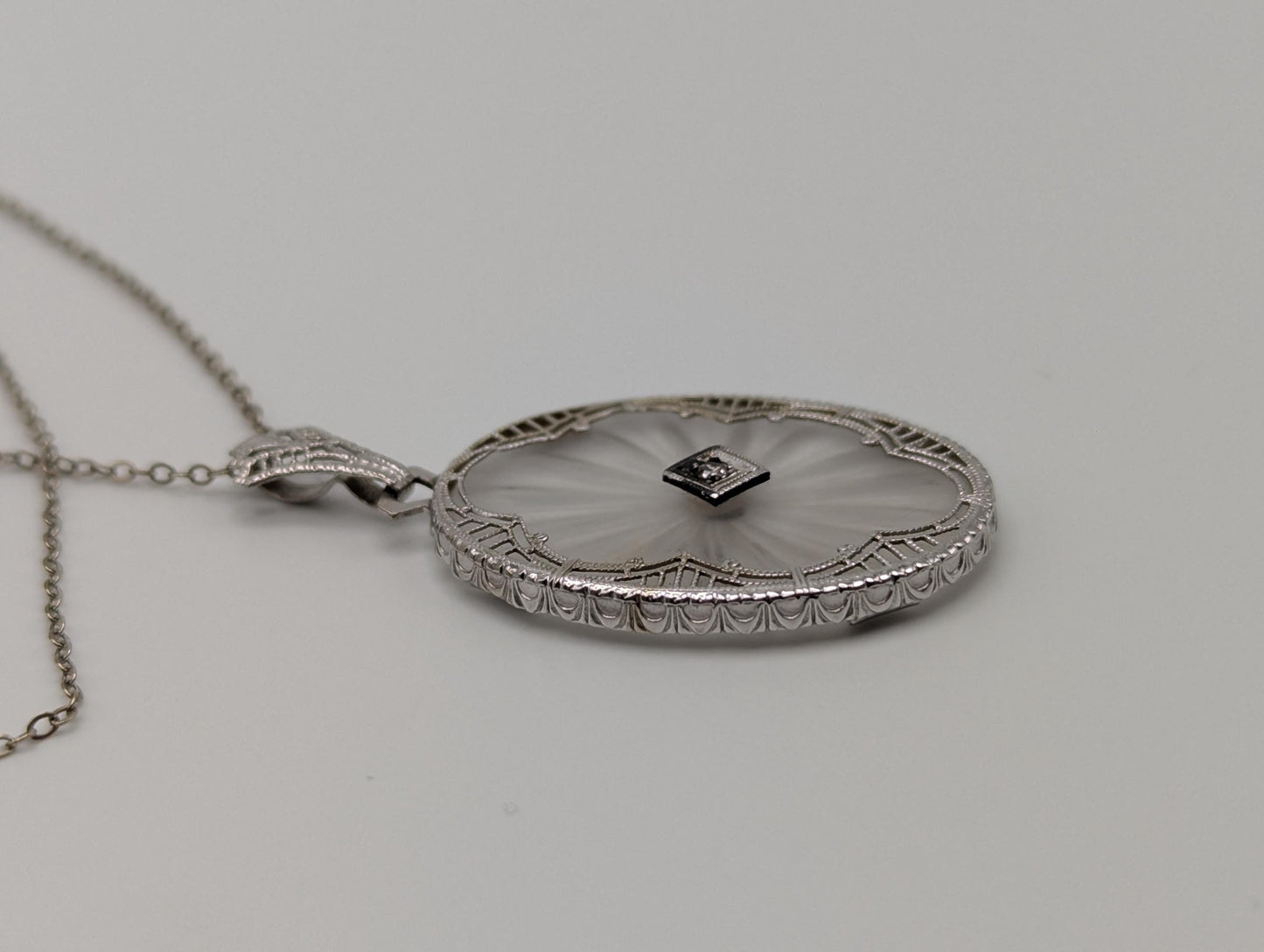 14k Gold Filigree Oval Camphor Crystal Quartz Pendant Diamond Pendant Necklace