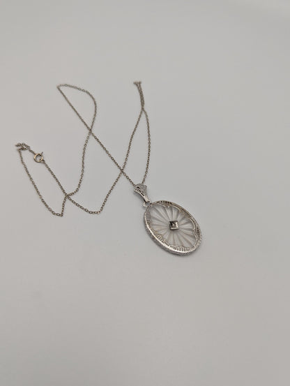 14k Gold Filigree Oval Camphor Crystal Quartz Pendant Diamond Pendant Necklace