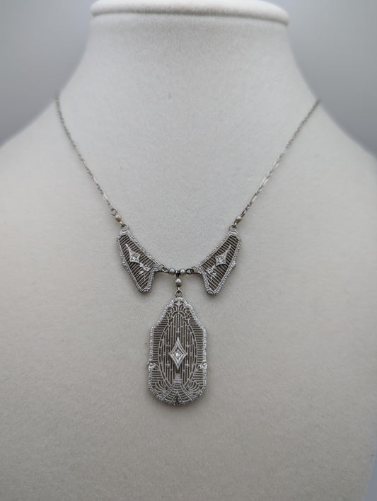 10k White Gold Filigree Art Deco Diamond Necklace. Art Deco Pendant Chain 16"