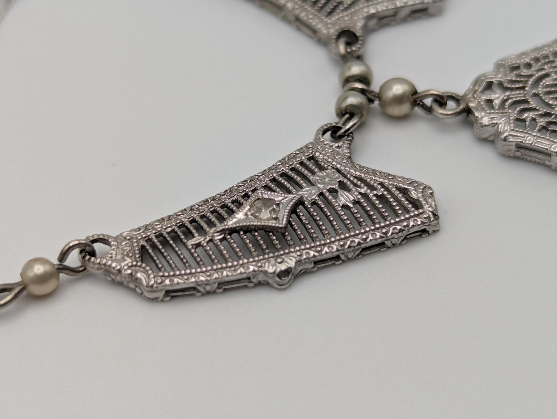 10k White Gold Filigree Art Deco Diamond Necklace. Art Deco Pendant Chain 16"