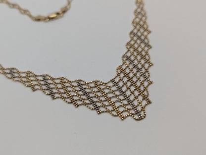 10k Gold White Yellow Mesh Bead Necklace 17.5 " Accent Bib Chain
